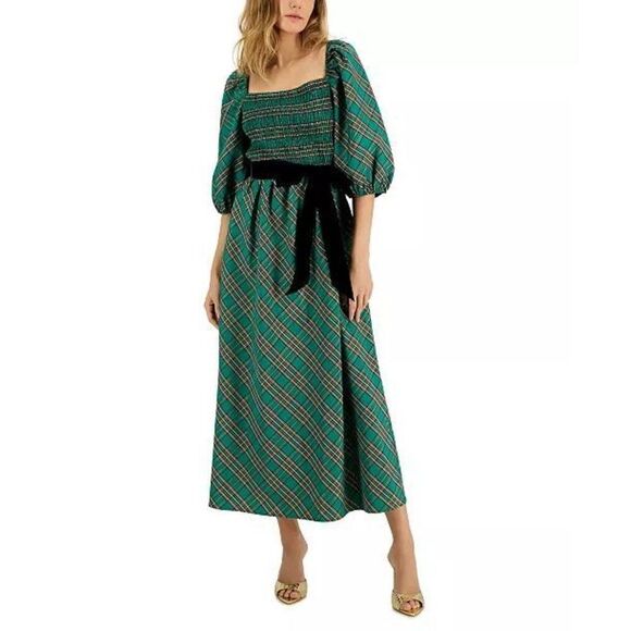 NWT! INC International Concepts Green Red Metallic Plaid Belted Midi Dress Small - Picture 1 of 11